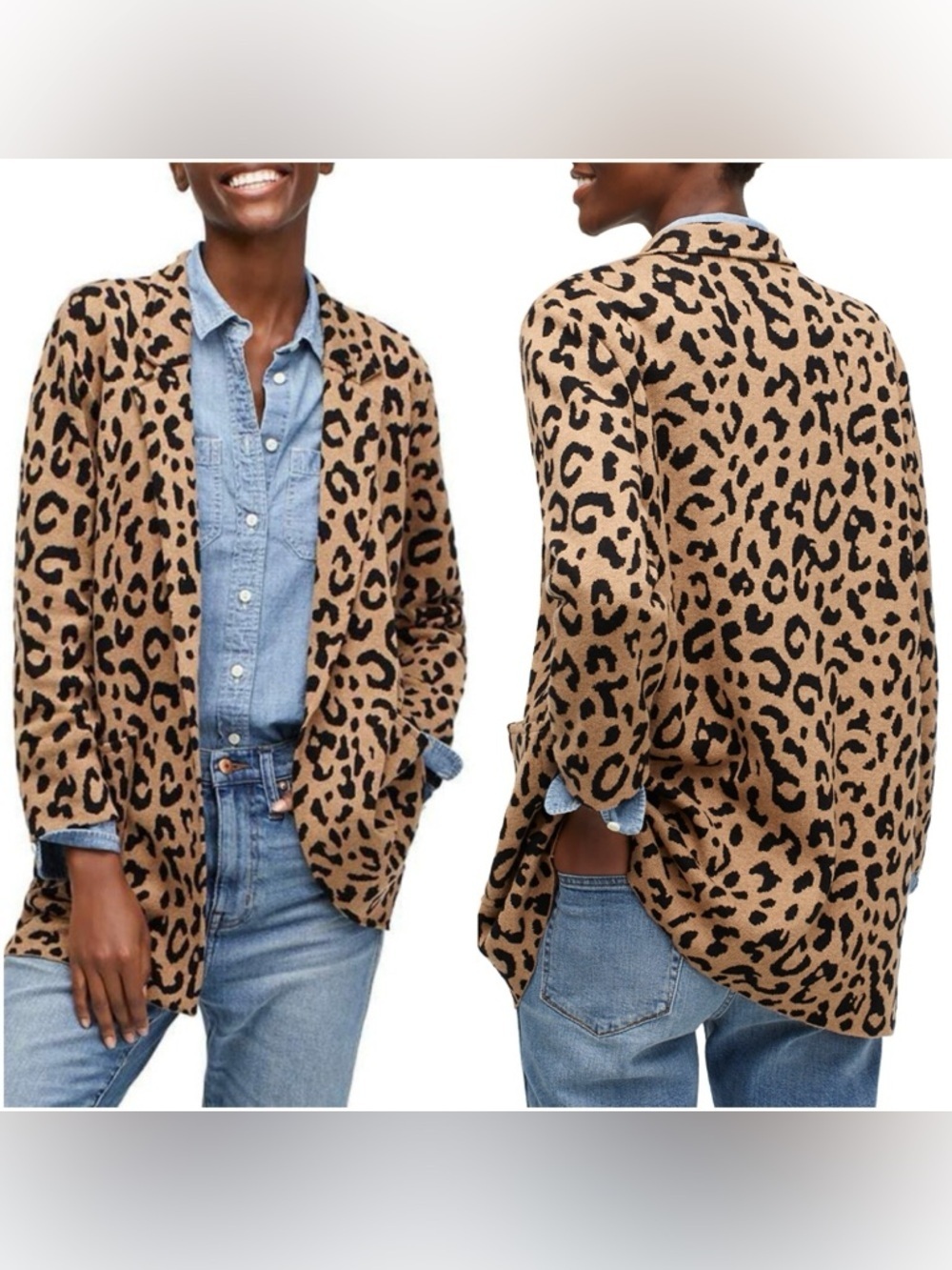 J. CREW Sophie Leopard Open-Front Merino Wool Sweater Blazer - Tan/Black (XXS)